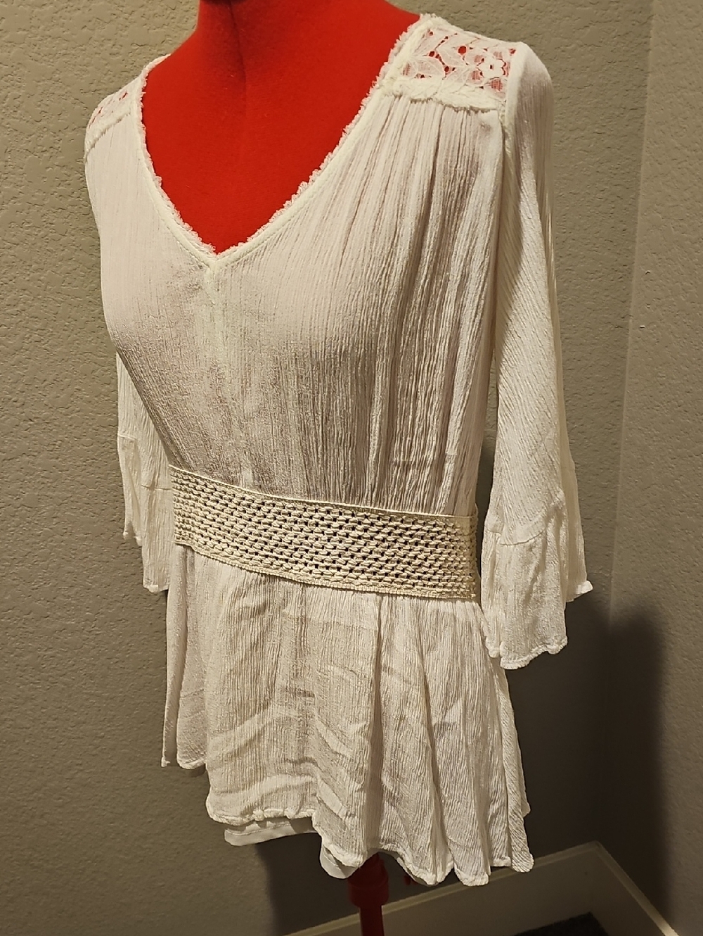 Women's White V-Neck Boho Peasant Top with Crochet Waist